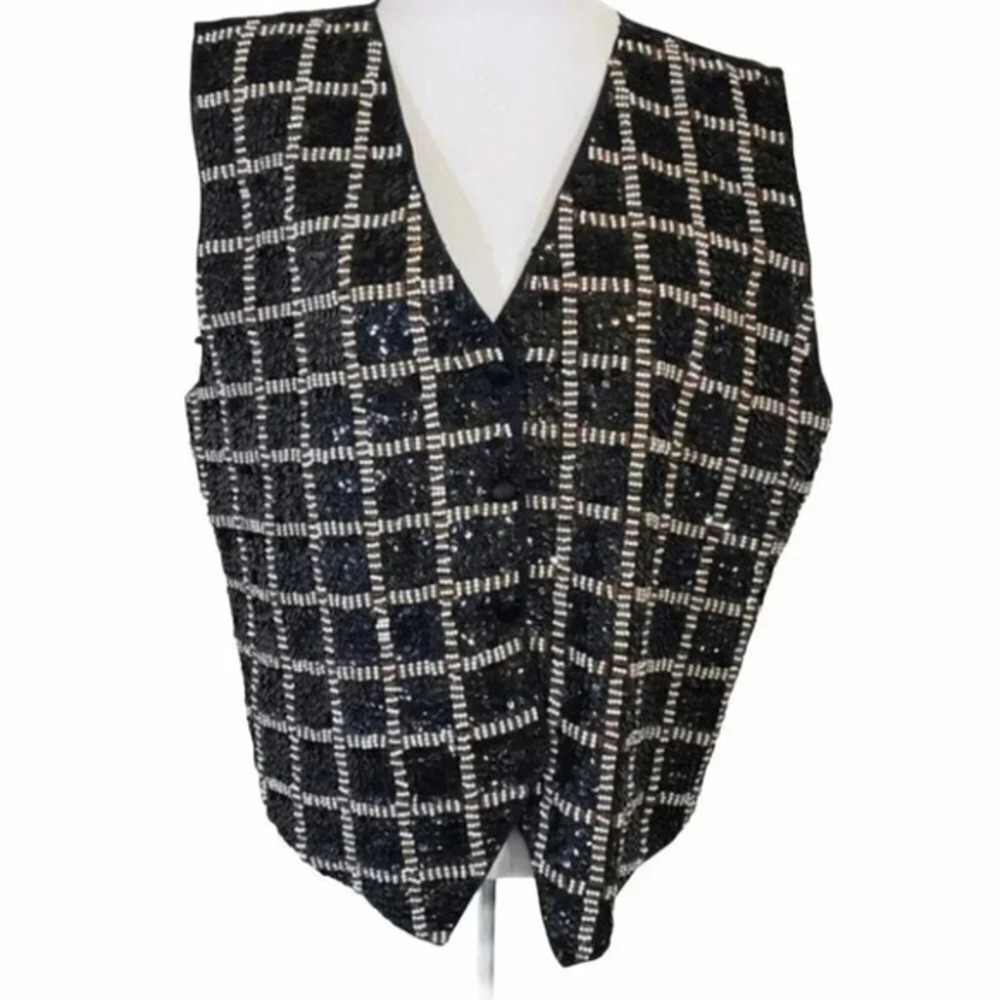 Theo Sequin Beaded Grid Vest 1X Black V-Neck Button Front Adjustable Back Tie